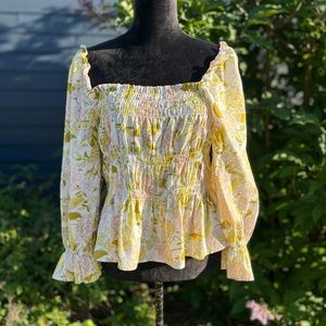 retro style cotton 60’s 70’s style boho smocked peasant blouse size L